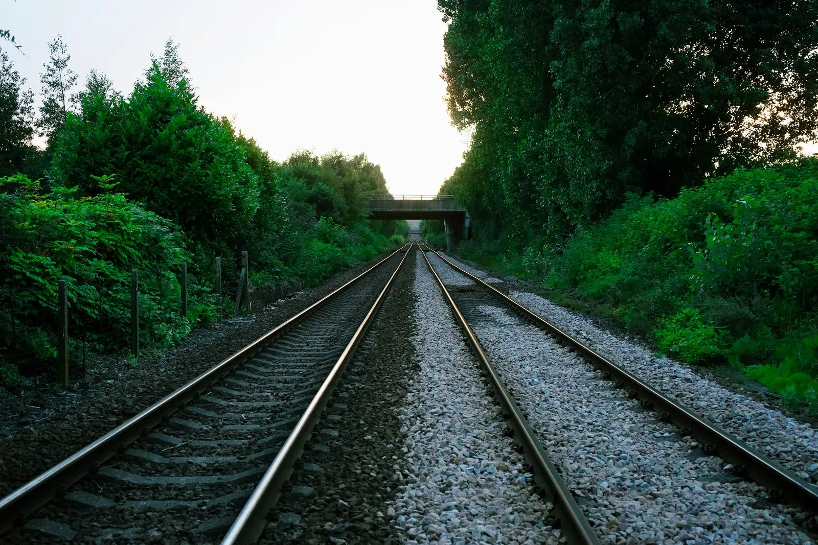 Twin railway track running under a bridge in the British countryside