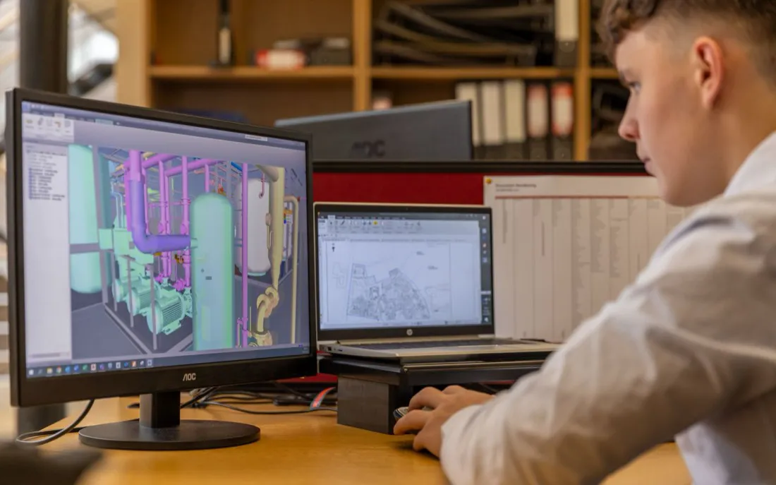 A CAD model of a steel frame on screen