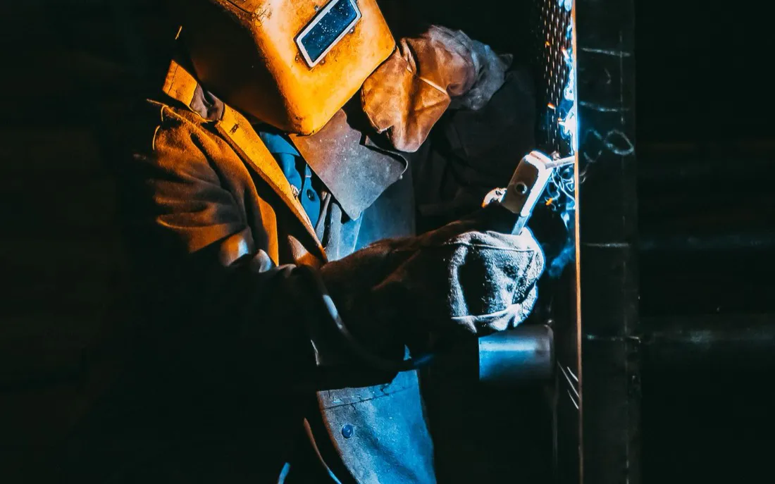 Welding a steel frame on a jig
