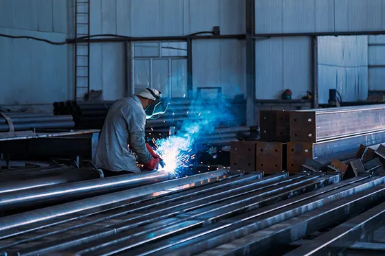 Sparks from a welding torch on steel
